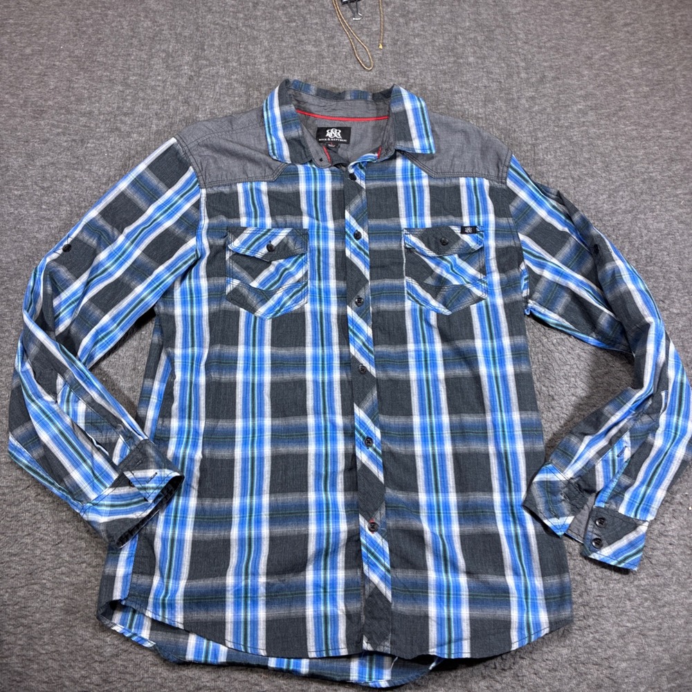 Rock & Republic Button Up‎ Shirt Mens Large Blue Plaid Long Sleeve Western Yoke